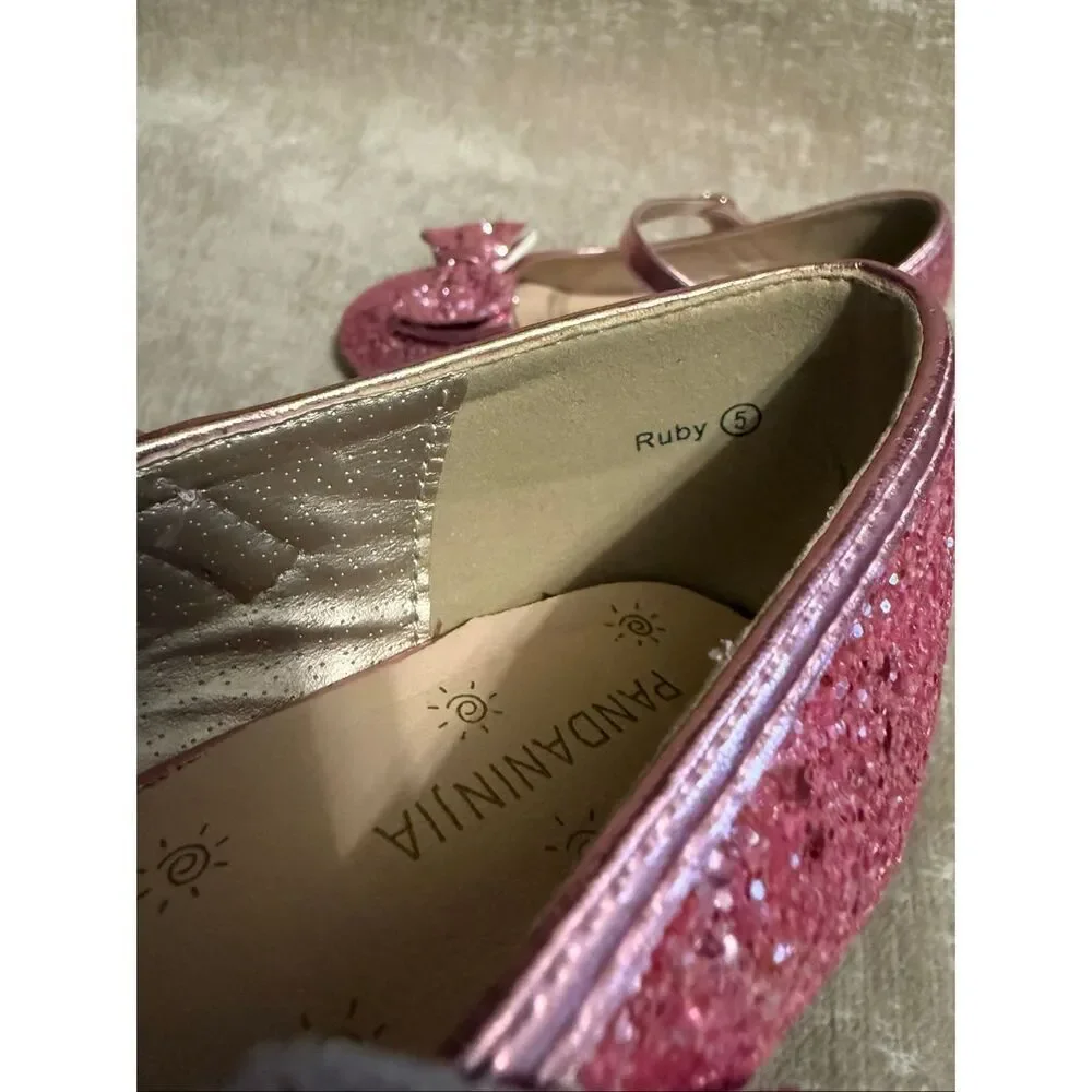 Pandaninja Girls Ruby Glittery Bow Block Heels Mary Jane Dress Shoes Pink Size 5